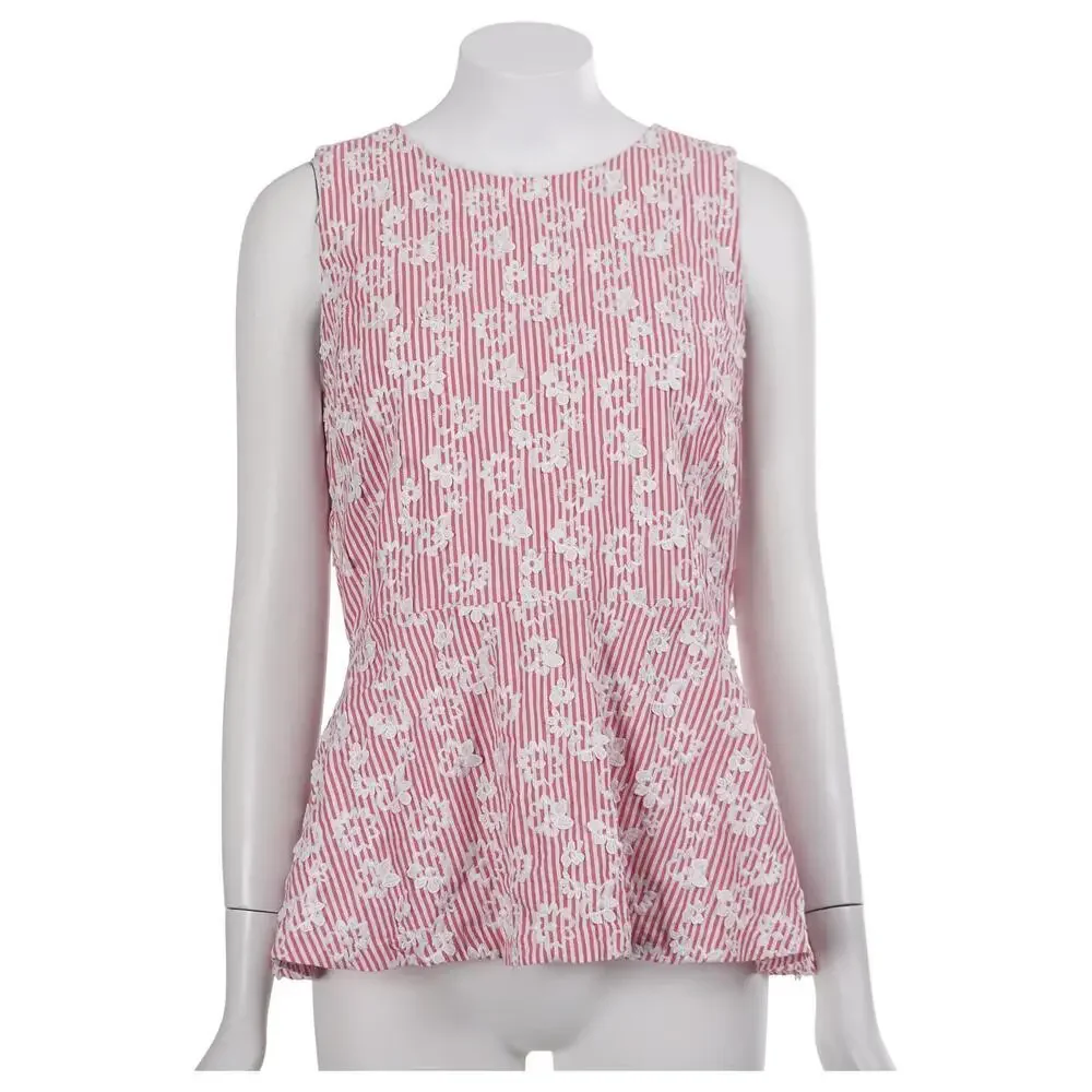 Michael Kors Top M Red Striped Embroidered Floral Sleeveless Peplum Cotton